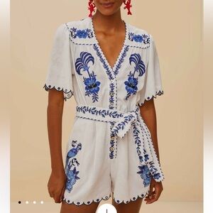 FARM RIO Linen Blend Embroidered Romper